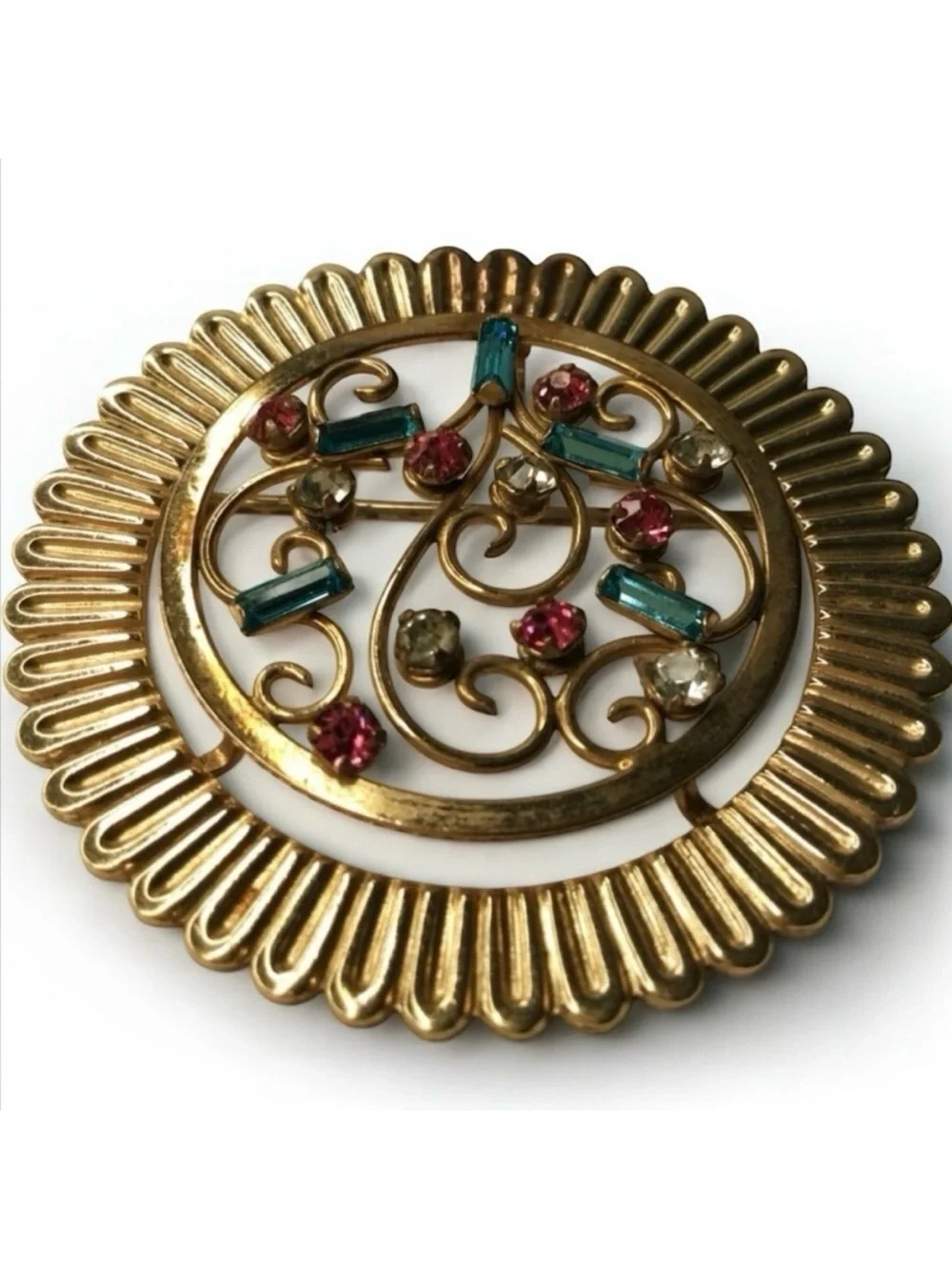 Vintage REGEL 12K GF Filigree Brooch – Multicolor Baguettes & Rhinestones